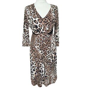 Leopard V Neck Pleat Ruched Contrast Dress Office Siren 3/4 Sleeve Stretch Sz 6
